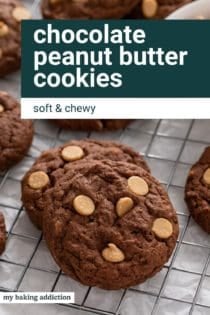 Chocolate peanut butter cookies on a wire cooling rack. Text overlay includes recipe name.