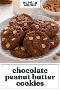 Chocolate peanut butter cookies arranged on a white platter. Text overlay includes recipe name.