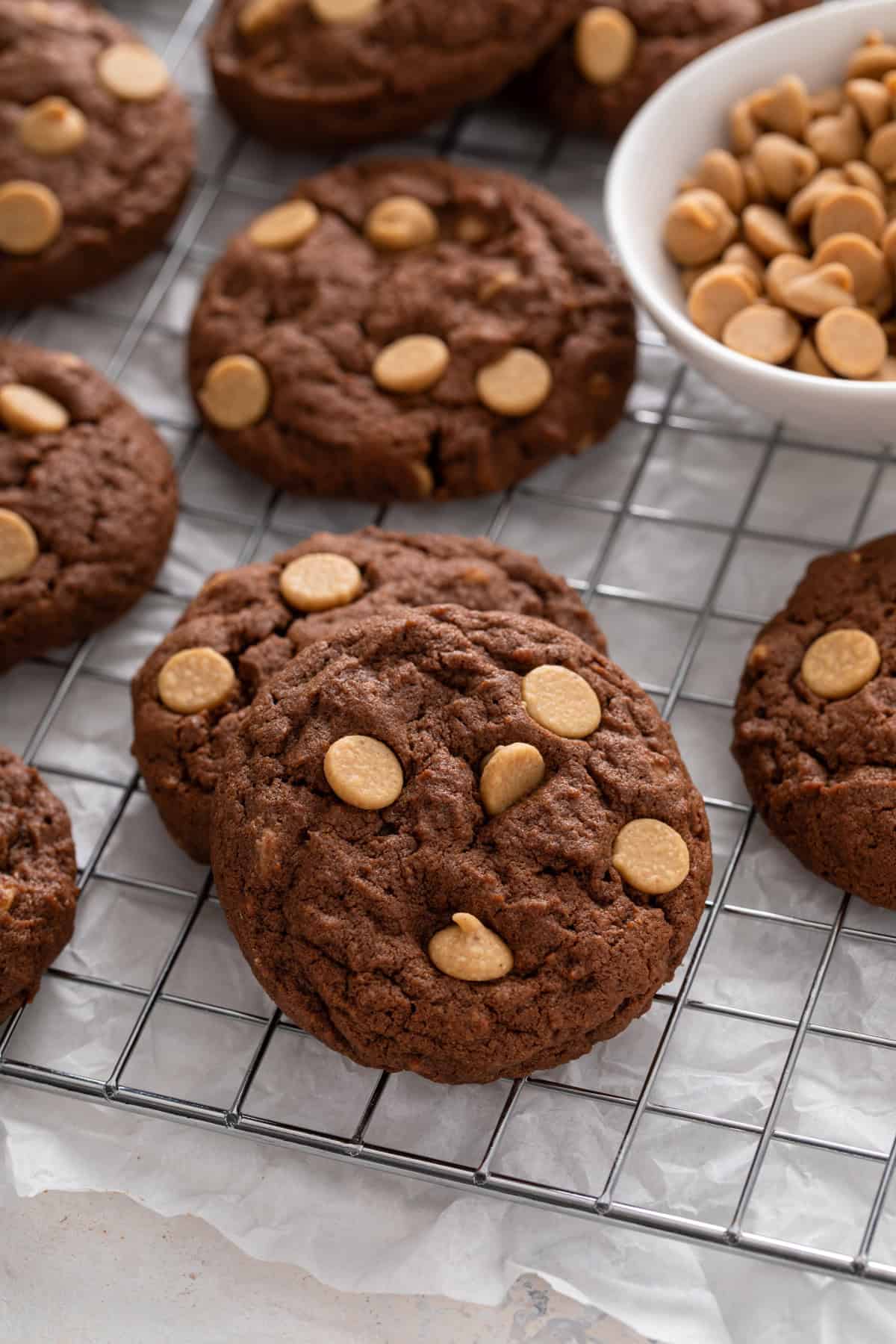 Chocolate peanut butter cookies on a wire cooling rack.