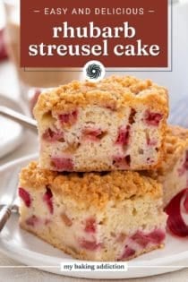 Two slices of rhubarb cake stacked on a white plate. Text overlay includes recipe name.