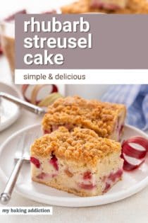 Two slices of rhubarb cake on a white plate. Text overlay includes recipe name.