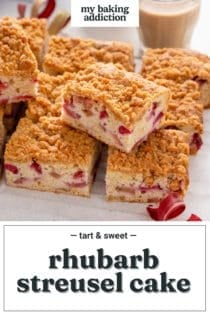 Slices of rhubarb cake arranged on a piece of parchment paper. Text overlay includes recipe name.