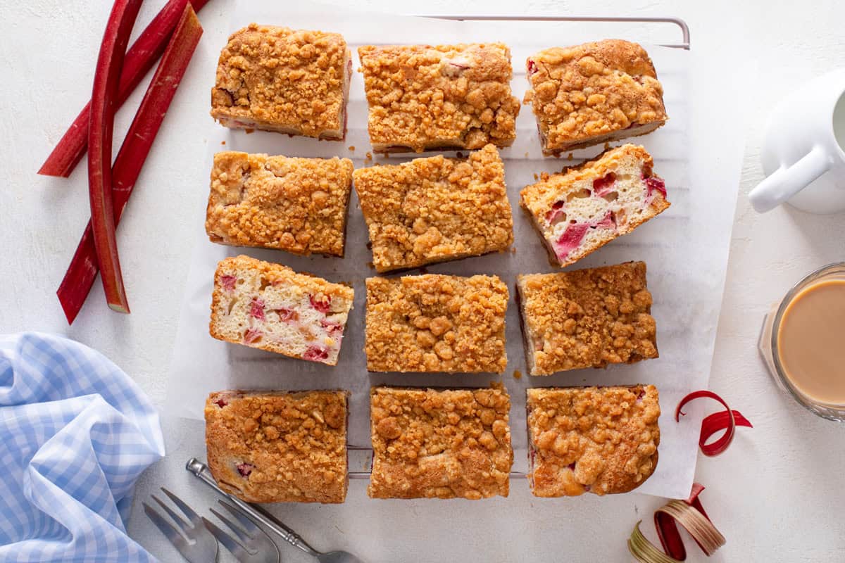 Overhead view of sliced rhubarb streusel cake.