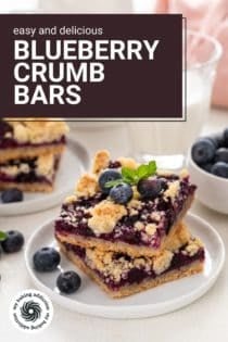 Stacked blueberry crumb bars on white plates in front of a glass of milk. Text overlay includes recipe name.