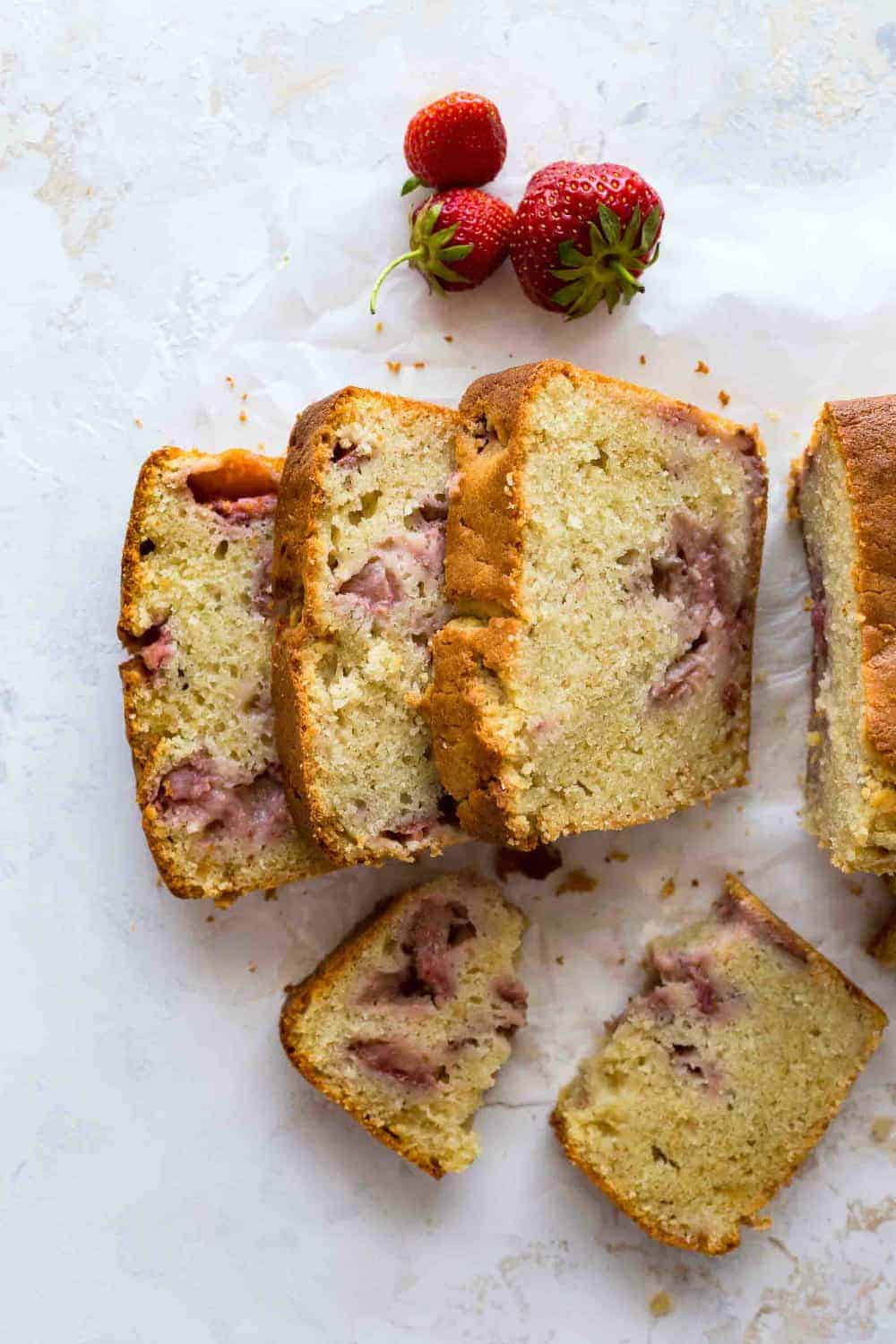 Overhead view of sliced fresh strawberry bread