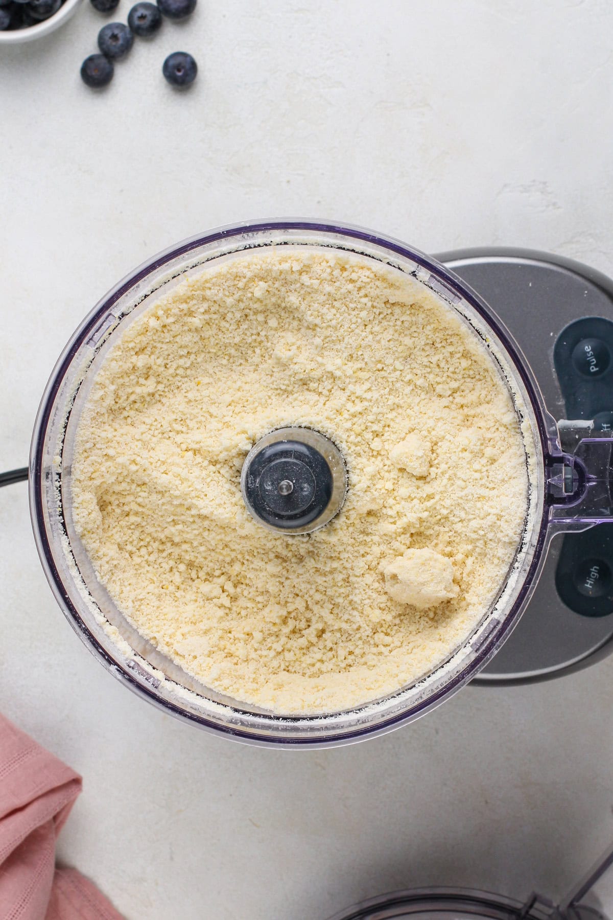 Dough for crumb bars pulsed in a food processor.