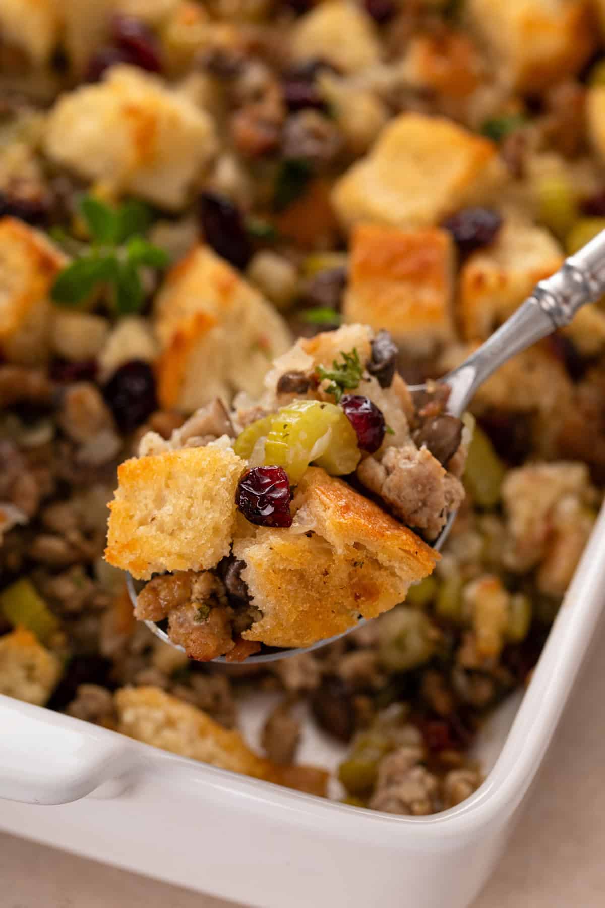 Spoonful of sausage and cranberry stuffing.