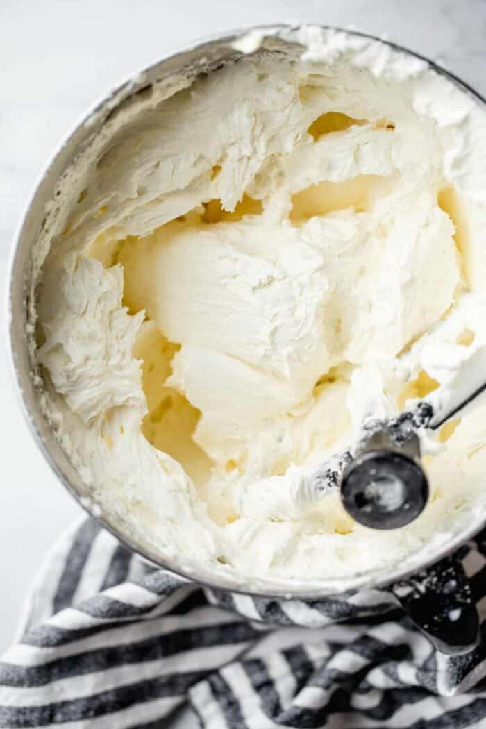 Mixing bowl of homemade buttercream frosting
