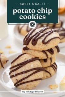 Several potato chip cookies stacked on a white plate. Text overlay includes recipe name.