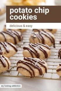 Rows of chocolate-drizzled potato chip cookies on a wire rack. Text overlay includes recipe name.