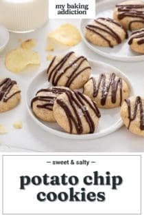 Chocolate-drizzled potato chip cookies arranged on a white plate with a glass of milk in the background. Text overlay includes recipe name.