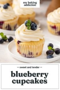 Blueberry cupcake on a white plate. Text overlay includes recipe name.