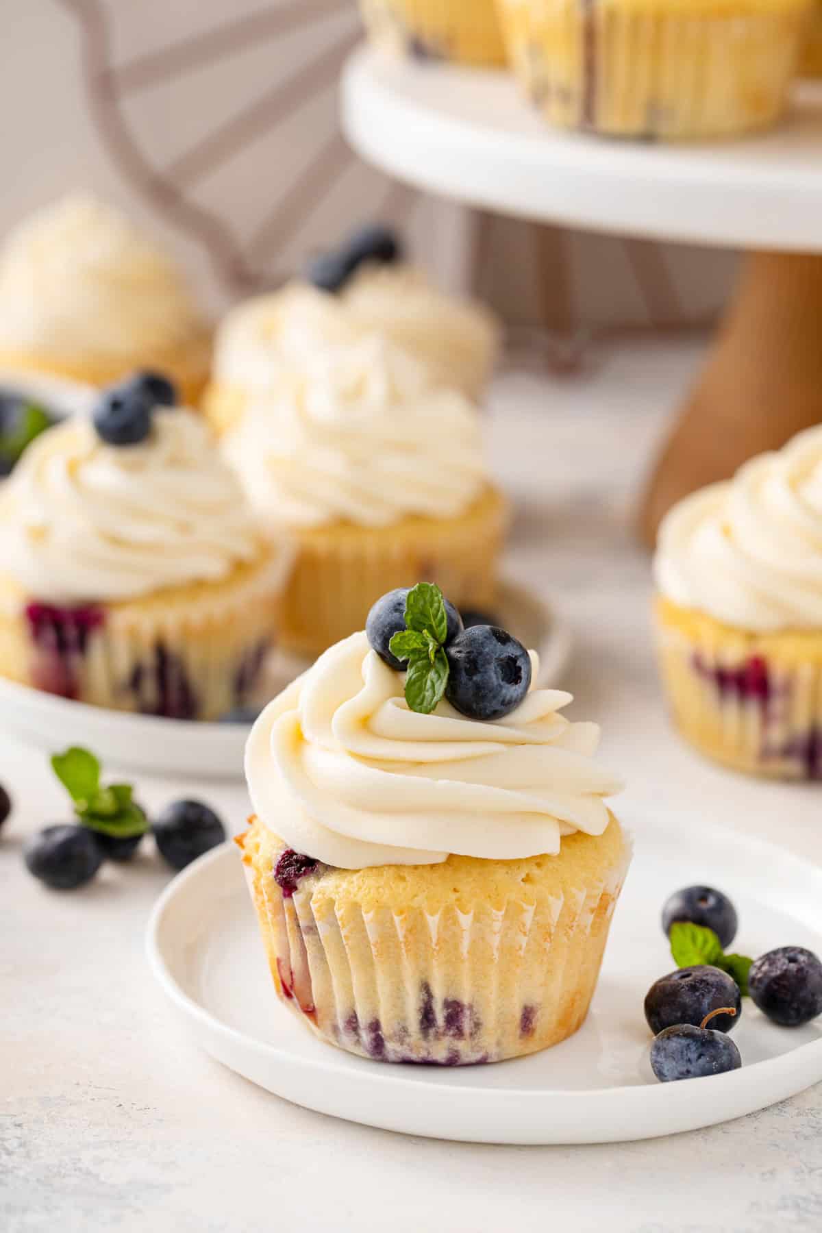 Blueberry cupcake on a white plate.