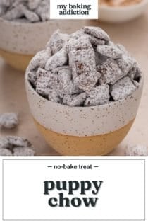 Small ceramic bowl holding a portion of puppy chow. Text overlay includes recipe name.