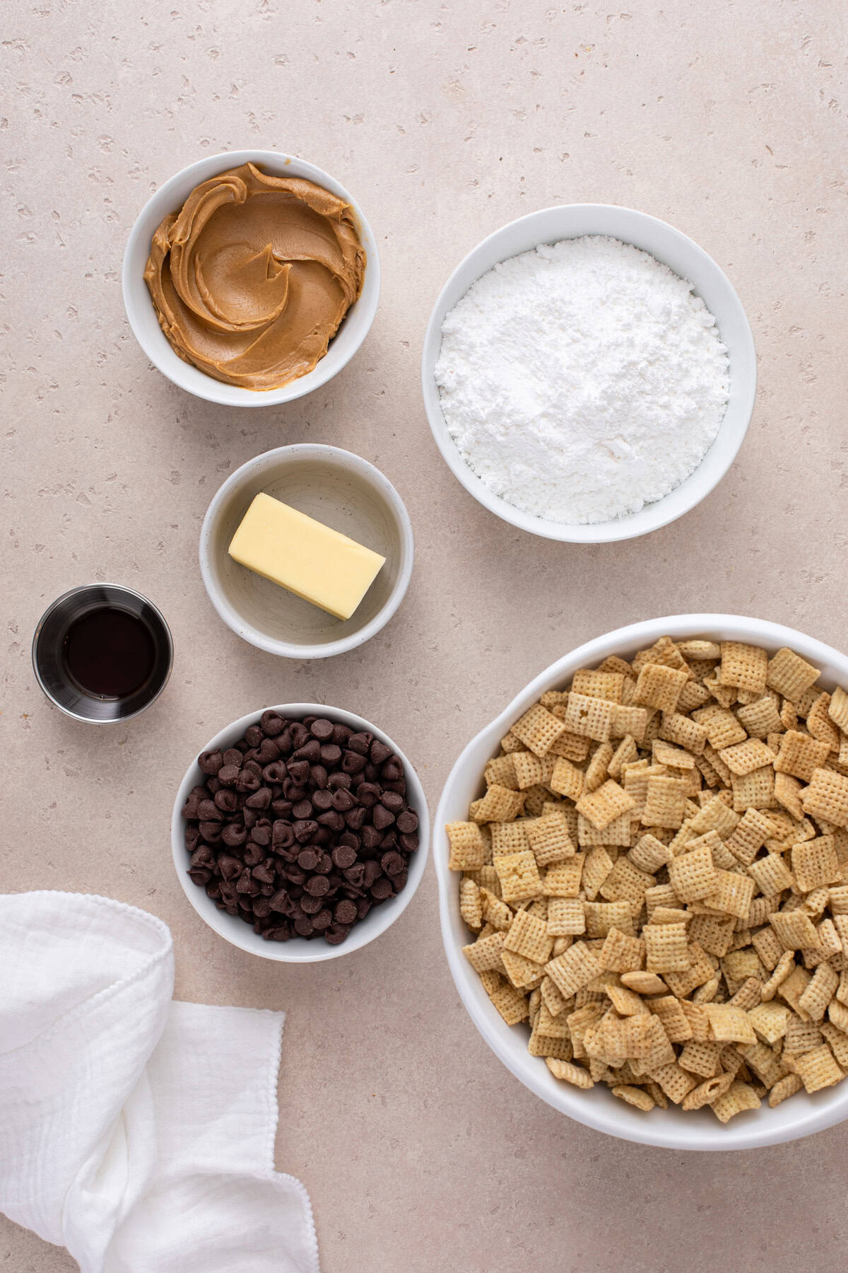 Ingredients for puppy chow arranged on a countertop.