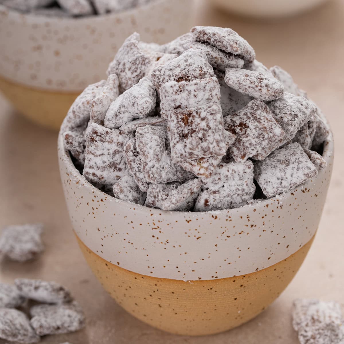 Puppy chow in a small pottery bowl.