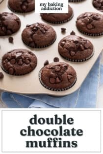 Double chocolate muffins in a muffin tin. Text overlay includes recipe name.