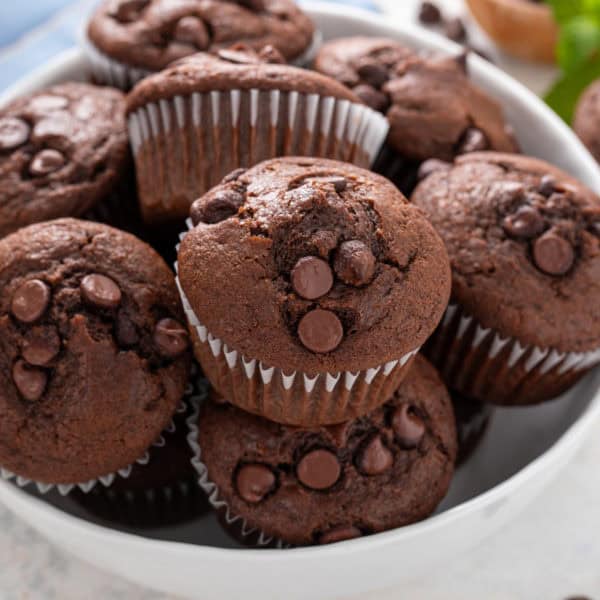 Double chocolate muffins in a white bowl.