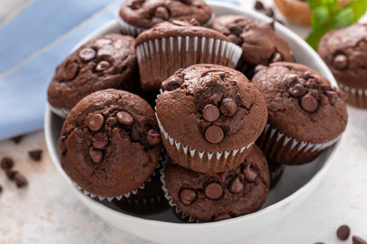 Double chocolate muffins arranged in a white bowl.