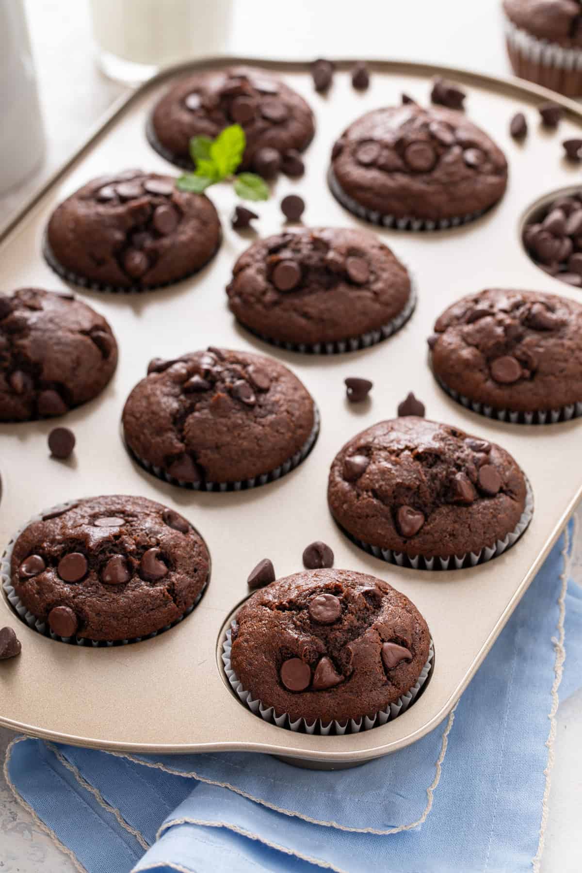Double chocolate muffins in a muffin tin.