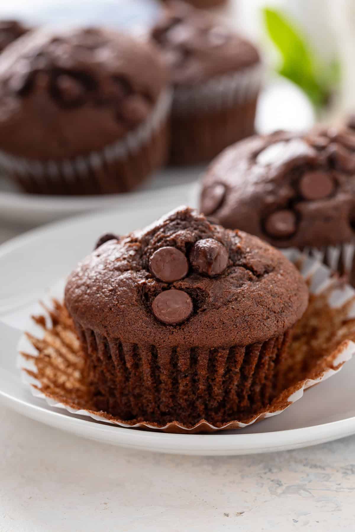 Unwrapped double chocolate muffin on a white plate.