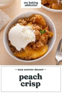 Overhead view of peach crisp a la mode in a white bowl. Text overlay includes recipe name.