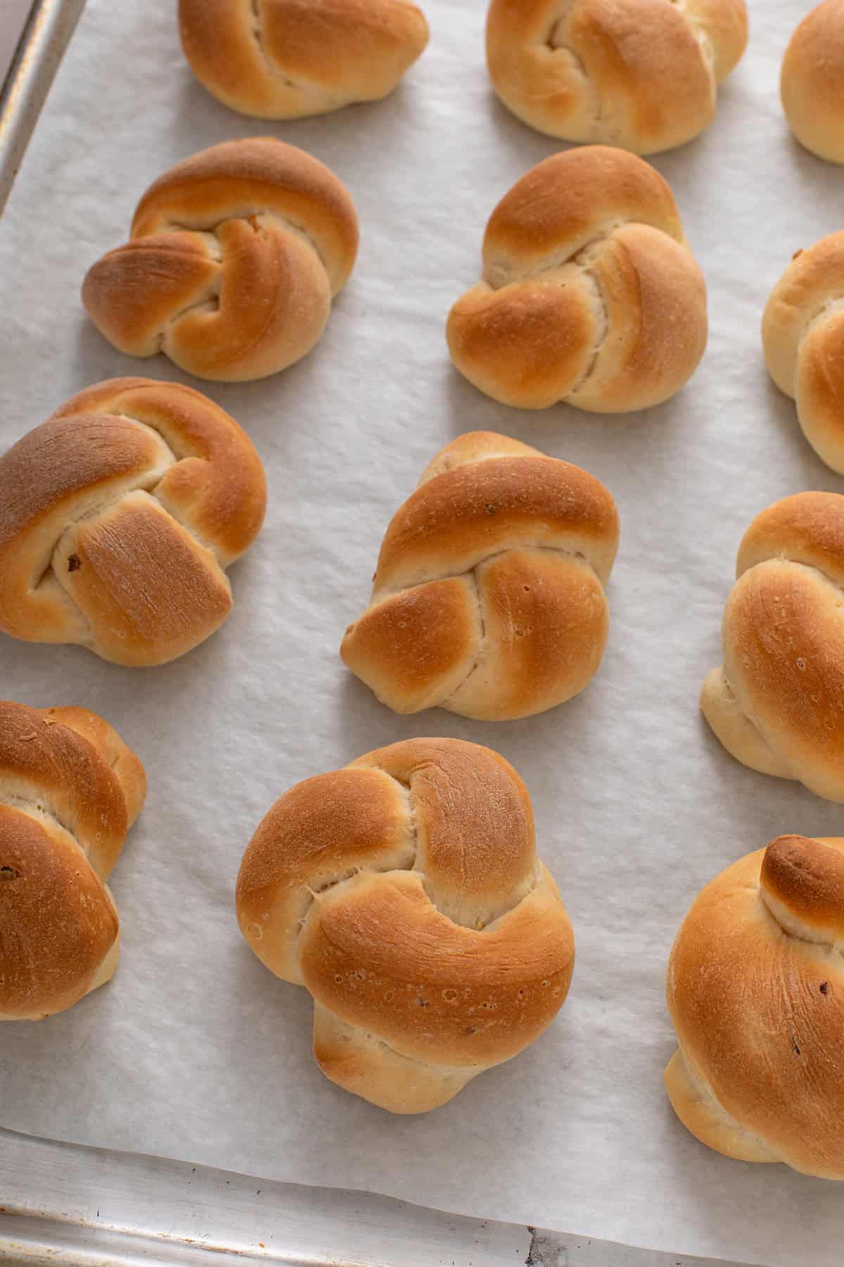 Fully baked bow knot rolls.