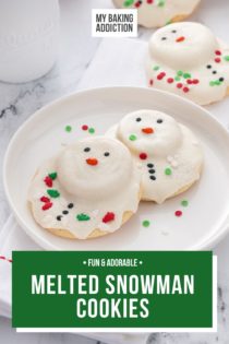 Two melted snowman cookies on a white plate with a glass of milk in the background. Text overlay includes recipe name.