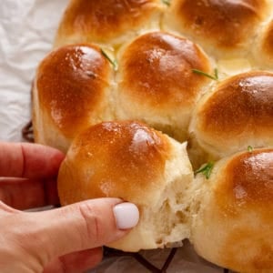 Hand pulling a brown and serve dinner roll apart from the rest of the rolls.