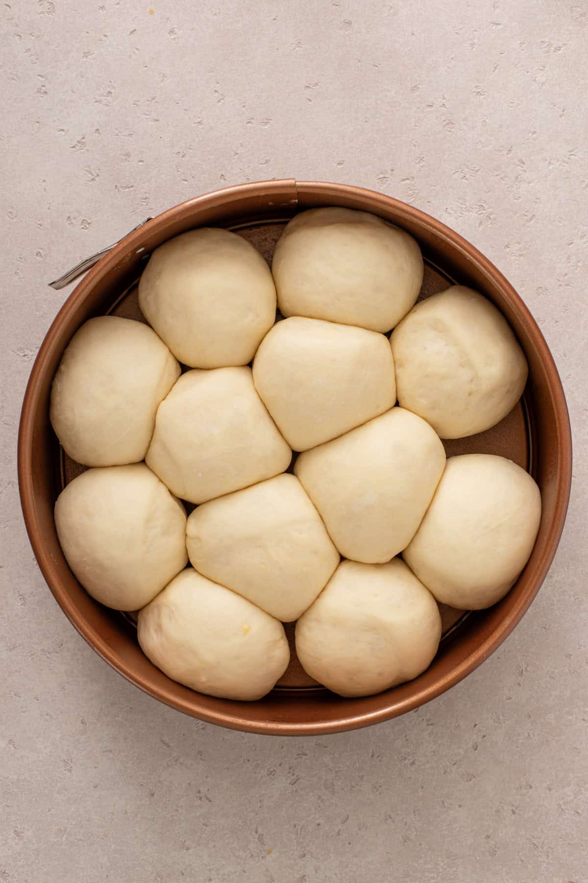 Pan of classic dinner rolls risen in a cake pan, ready to go in the oven.