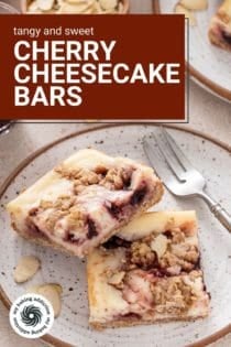 Plated holding two cherry cheesecake bars and a fork. Text overlay includes recipe name.