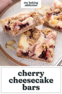 Close up of two cherry cheesecake bars on a plate. Text overlay includes recipe name.