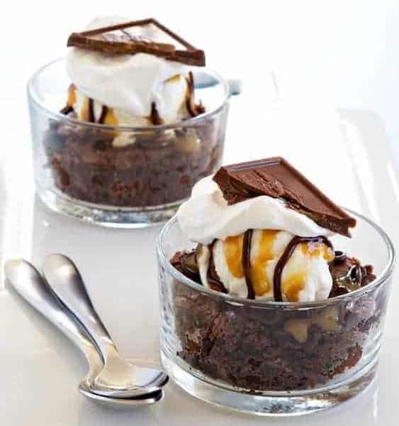 Ghiradelli Stuffed Brownies topped with vanilla bean ice cream and chocolate sauce.