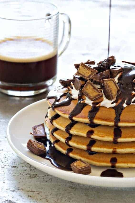 Peanut Butter Cup Pancakes will give you an indulgent treat for your weekend brunch. Or evening dessert!