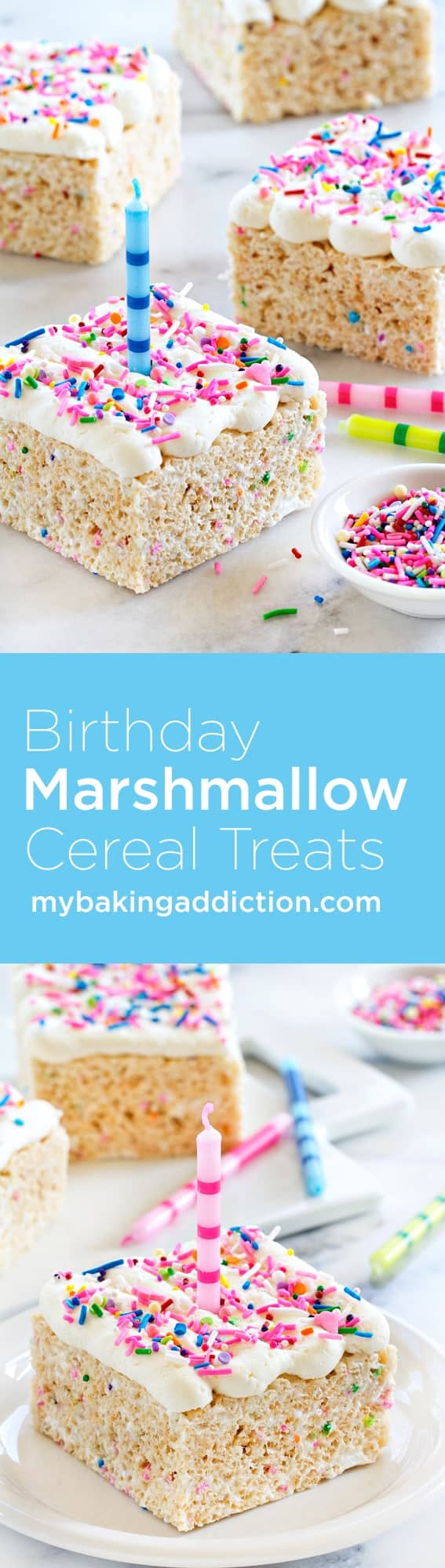 Birthday Marshmallow Cereal Treats are topped with buttercream frosting and loaded with sprinkles. So perfect for any celebration!