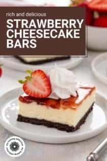 Strawberry cheesecake bar on a white plate. Text overlay includes recipe name.