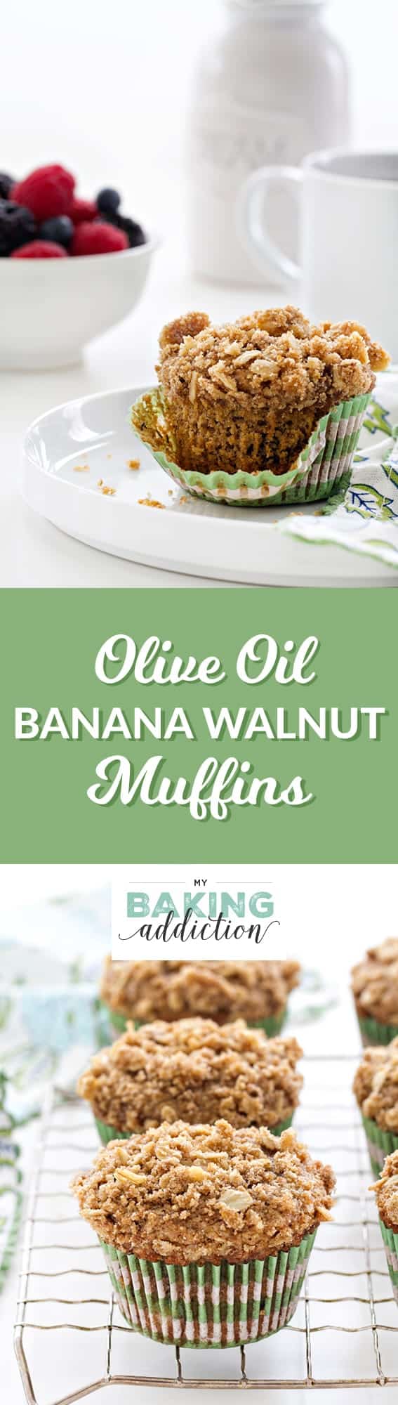 Olive Oil Banana Walnut Muffins are a light and sweet start to any day. Walnuts pack a punch of protein that'll keep you going all morning.