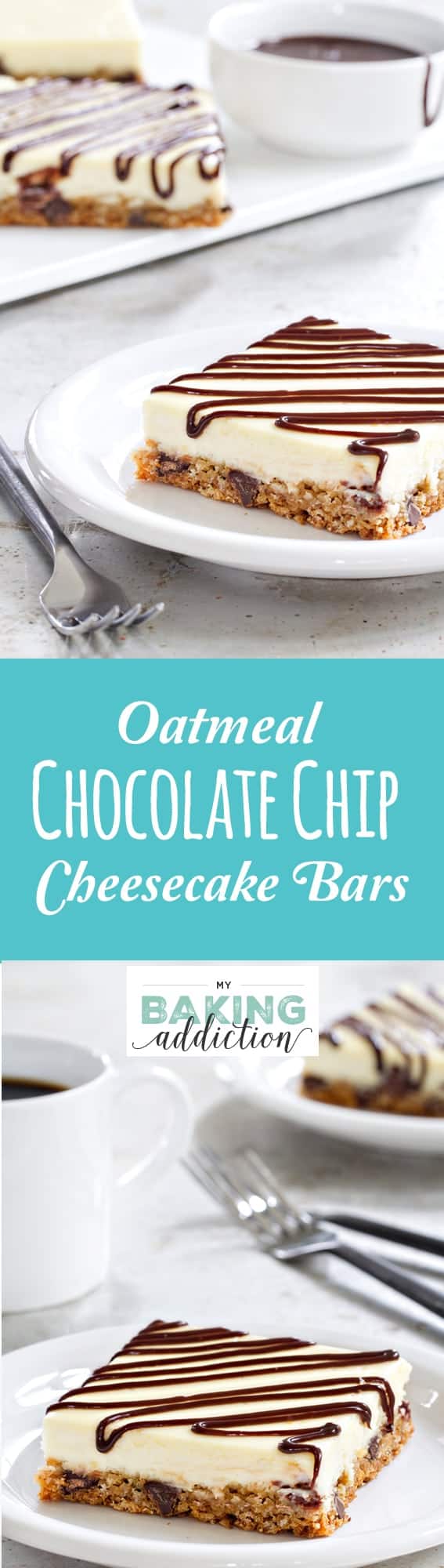 This Oatmeal Chocolate Chip Cheesecake Bars recipe is super simple to throw together and sure to be a huge hit for just about any occasion!