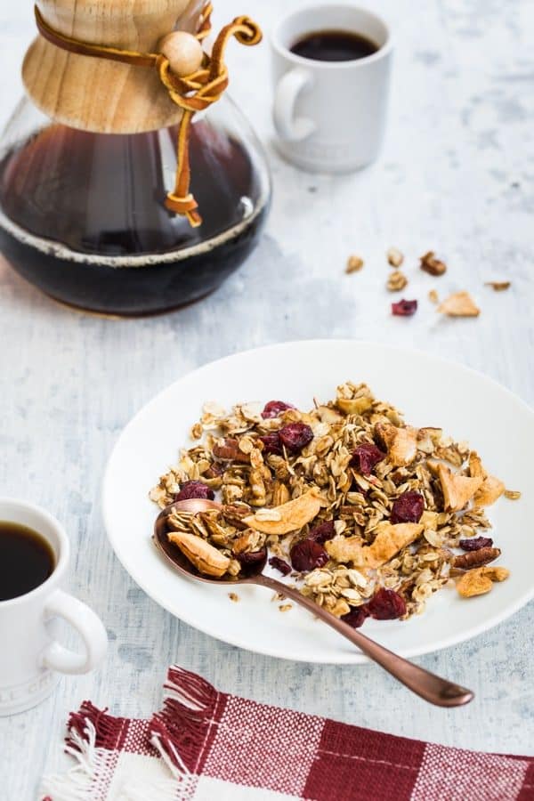 Apple Cinnamon Granola is brimming with the delicious flavors of fall. It's perfect for breakfast, or an after school snack.