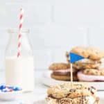 Chocolate Chip Cookie S'mores are loaded with dark chocolate chips and festive sprinkles and then topped with roasted marshmallows and more chocolate. Totally delicious!