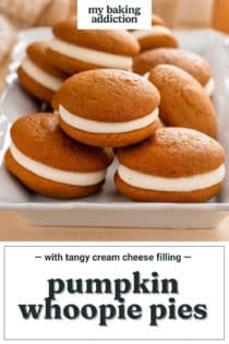 Three pumpkin whoopie pies stacked on a gray platter. Text overlay includes recipe name.