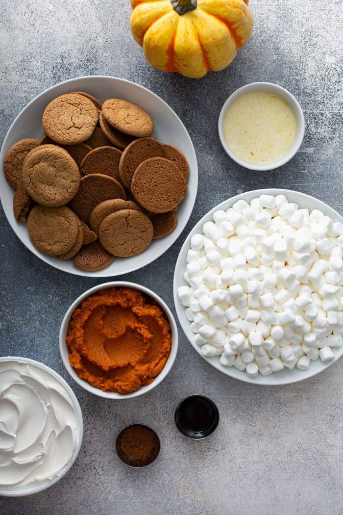 Ingredients for marshmallow pumpkin pie on a gray counter