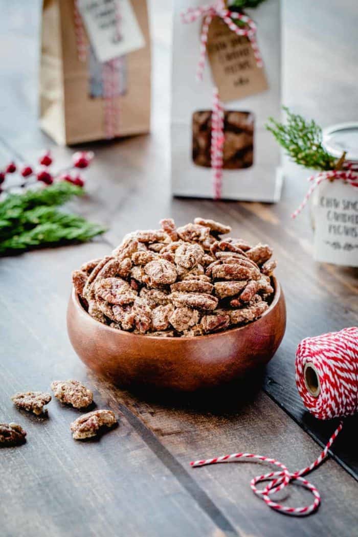 Chai Spiced Candied Pecans are sweet, crunchy and totally delicious! They’re perfect for topping salads, desserts, or just munching by the handful.