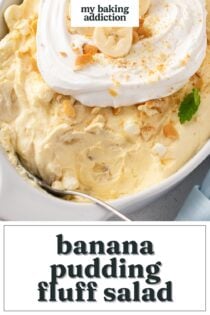 Banana pudding fluff in a white serving dish. A serving spoon is in the dish and a portion has been scooped out. Text overlay includes recipe name.