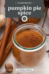 Jar filled with pumpkin pie spice. Text overlay includes recipe name.