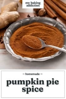 Spoon of pumpkin pie spice resting on a metal plate. Text overlay includes recipe name.