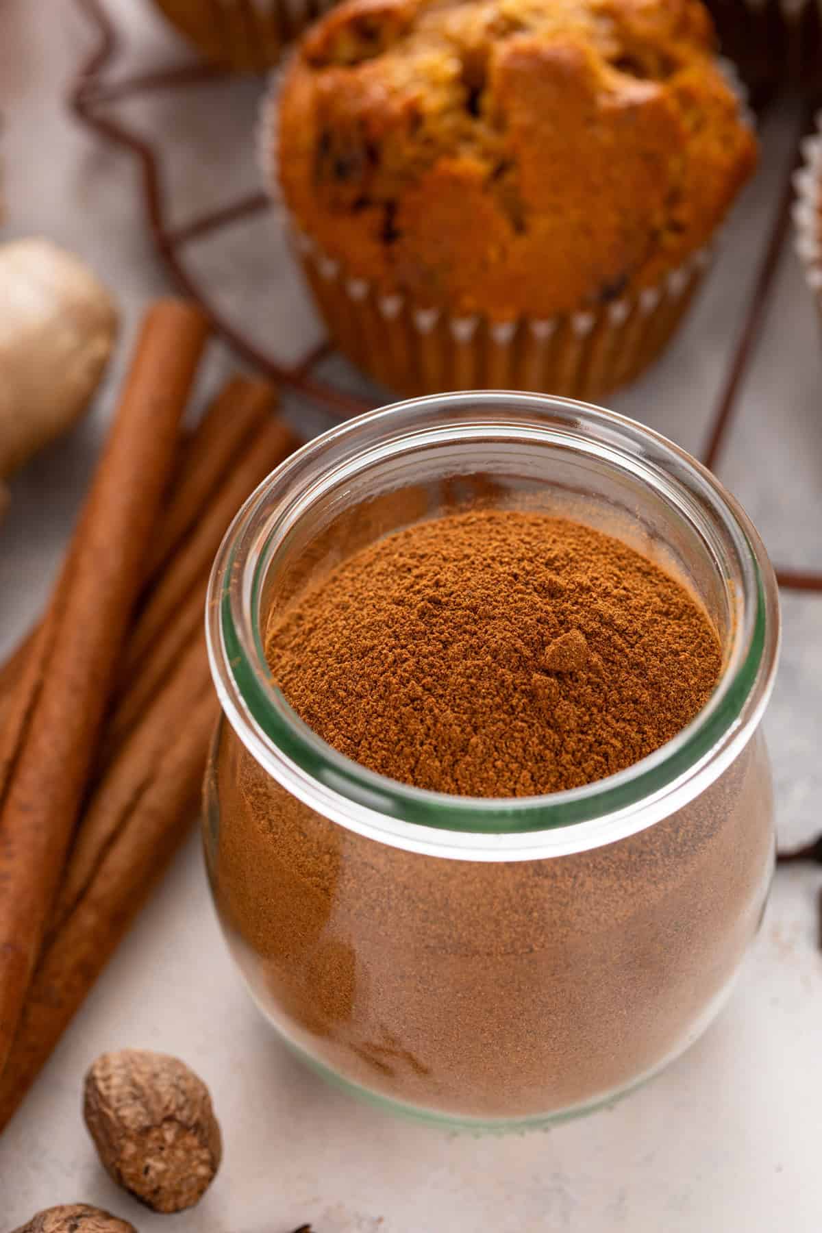 Jar filled with pumpkin pie spice.