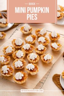 Wire rack holding mini pumpkin pies topped with whipped cream. Text overlay includes recipe name.