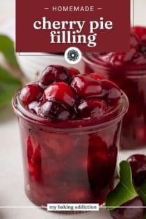 Close up of a jar of cherry pie filling. Text overlay includes recipe name.