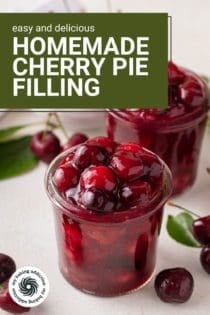 Two glass jars filled with homemade cherry pie filling. Text overlay includes recipe name.